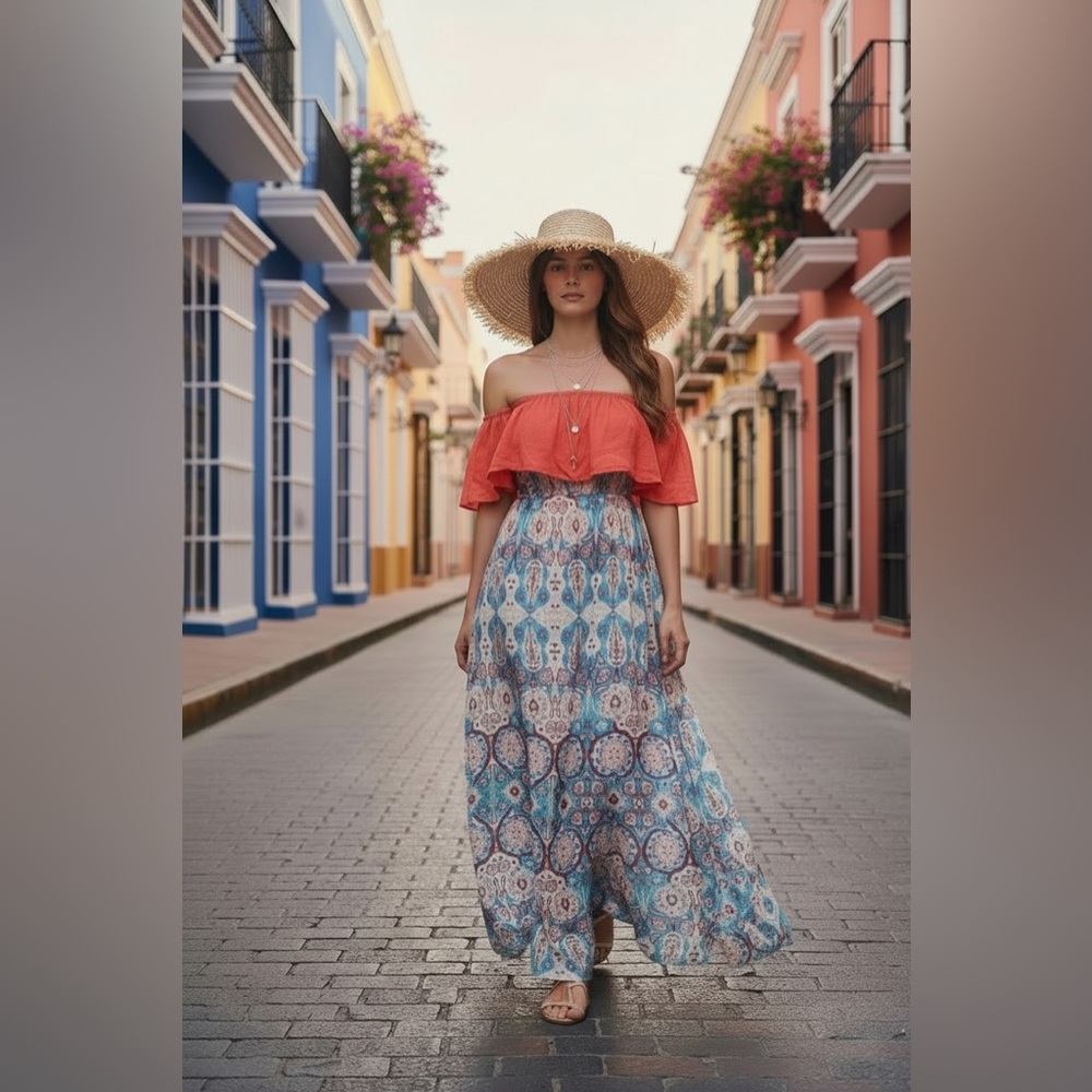 🔴Charlee Strapless Coral and Blue Maxi Dress